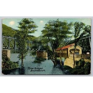 Postcard Vermont Brattleboro Three Bridges Unposted c1910s VT Antique